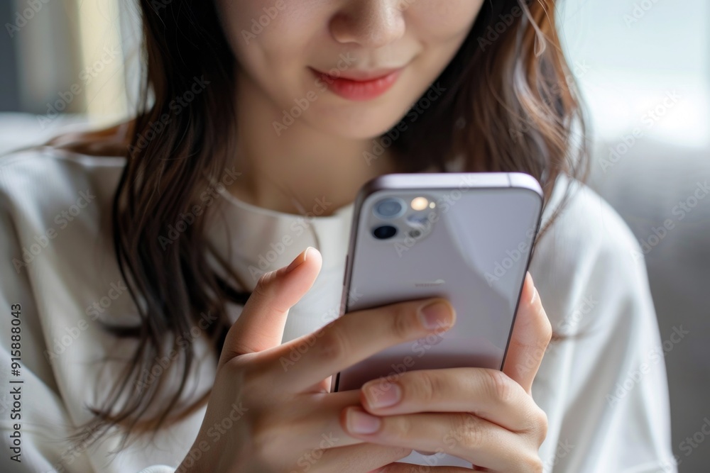 A woman is focused on her cell phone, possibly checking messages or making a call A woman is focused on her cell phone, possibly checking messages or making a call