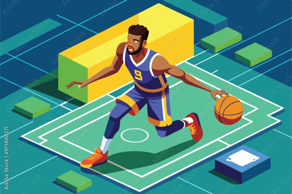 Obraz premium A basketball player skillfully dribbles a ball while navigating a vibrant court filled with colorful blocks during an engaging practice session