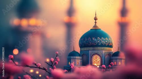 Beautiful Mosque at Sunset with Pink Flowers in Foreground for Islamic Architecture and Nature Photography Themes photo