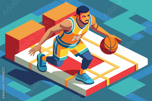 A basketball player skillfully dribbles a ball on a colorful court, showcasing agility and style during an intense game session