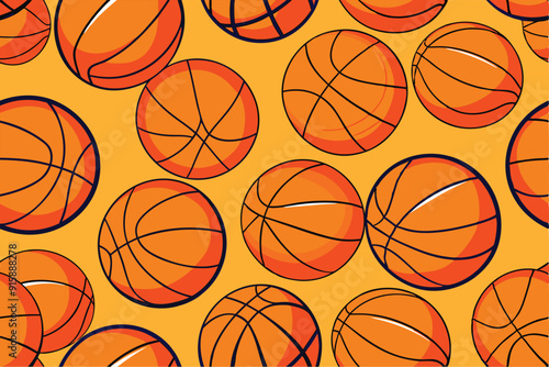 This vibrant seamless pattern showcases numerous basketballs set against a bright orange background, ideal for sports-themed designs