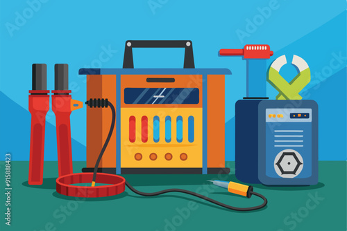 A workspace features various tools and equipment used for repairing battery chargers, including cables, a power source, and repair instruments