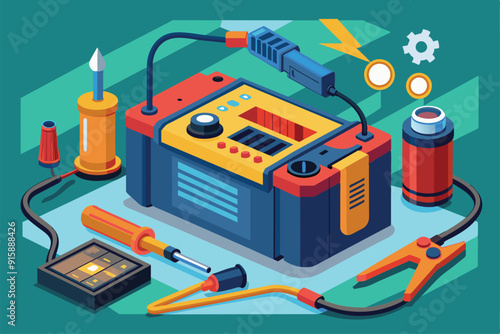 A battery charger is being examined and repaired, with tools arranged for efficient work in a colorful workshop setting