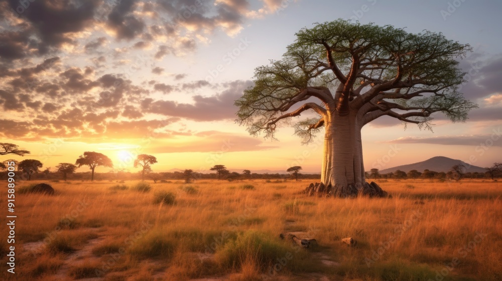 Fototapeta premium Baobab Tree Silhouette at Sunset in the African Savanna