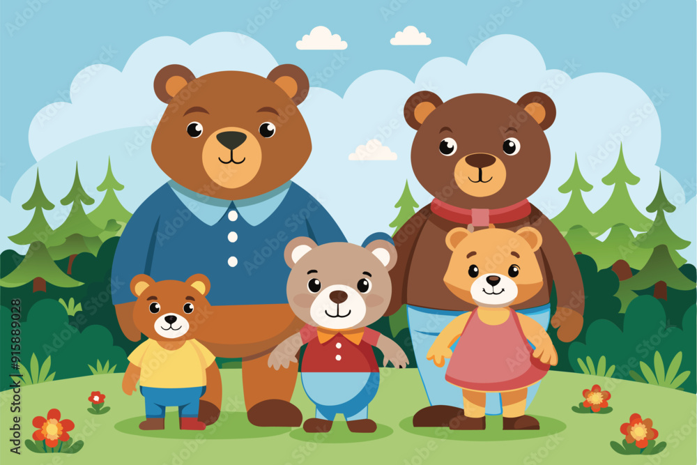 A playful bear family enjoys a joyful day in a vibrant forest, featuring a father, mother, and three cute bear cubs dressed in colorful outfits A playful bear family enjoys a joyful day in a vibrant forest, featuring a father, mother, and three cute bear cubs dressed in colorful outfits