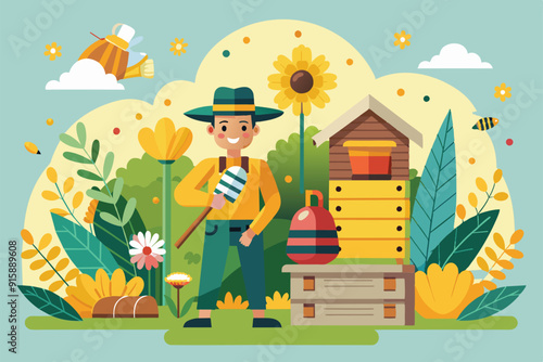 A beekeeper stands proudly beside his hives, surrounded by blooming flowers and buzzing bees in a lush garden