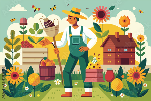 A beekeeper stands proudly in a colorful garden, surrounded by flowers, hives, and baskets of harvest under a bright sunny sky