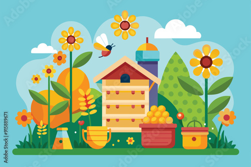 A colorful depiction of beekeeping with buzzing bees, blooming flowers, and honeycomb, showcasing the beauty of nature and honey production
