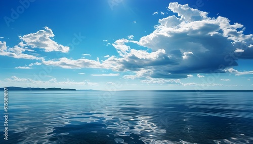 The tranquil sea, the blue sky and the white clouds set off like a painting. photo