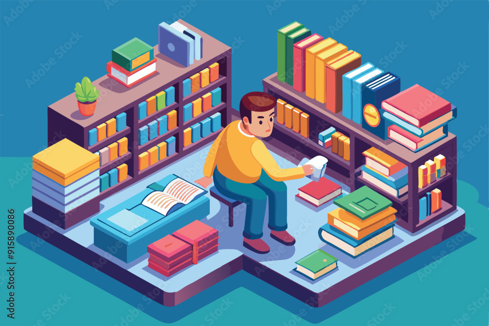 A person enjoys sorting and reading books in a colorful, organized home library setup filled with shelves and cozy seating A person enjoys sorting and reading books in a colorful, organized home library setup filled with shelves and cozy seating