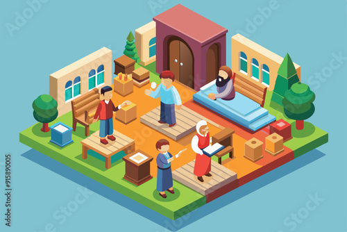 A vibrant isometric illustration shows various individuals engaged in Bible teaching activities within a lively community setting