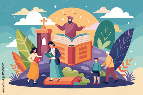 A vibrant depiction of people engaged in Bible teaching, surrounded by nature, with a large open book and a figure teaching above them