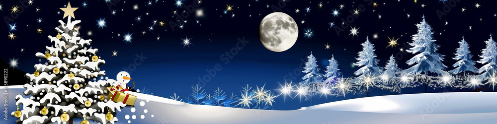 Naklejka premium Christmas banner featuring a nighttime snowy forest, the moon, and a snowman. Text space available.