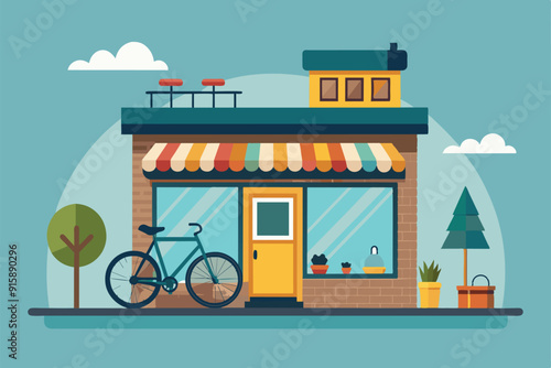 A vibrant bicycle shop features a welcoming entrance with colorful awnings, potted plants, and a bicycle parked outside, inviting customers to explore