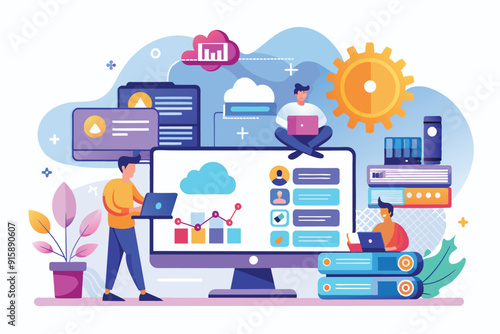 A representation of big data management showcasing cloud hosting and collaborative tools in a modern workspace with diverse users engaged in tasks