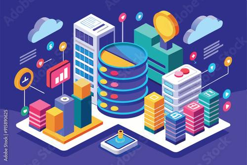 Analyzing big data storage capacity metrics featuring colorful representations of databases and buildings, illustrating technology's impact on data management