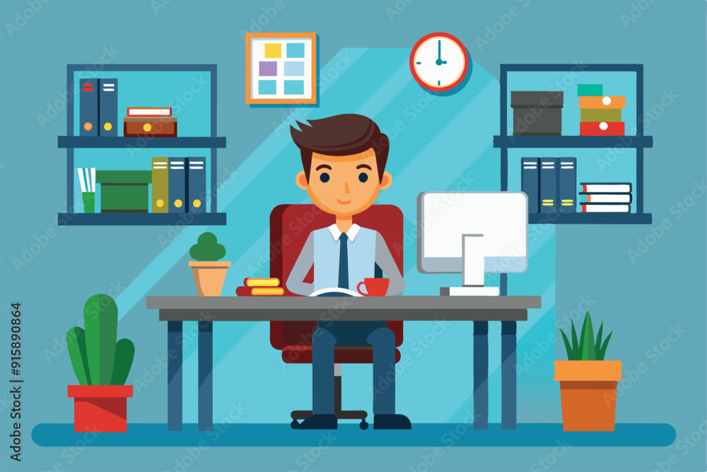 An isolated worker sits at a desk, reading a book, with a computer and plants around him in a well-organized office An isolated worker sits at a desk, reading a book, with a computer and plants around him in a well-organized office