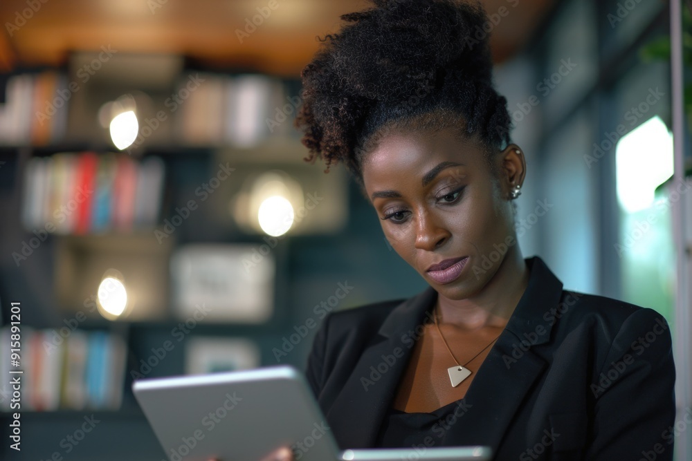 A person studying with a tablet in a quiet library A person studying with a tablet in a quiet library