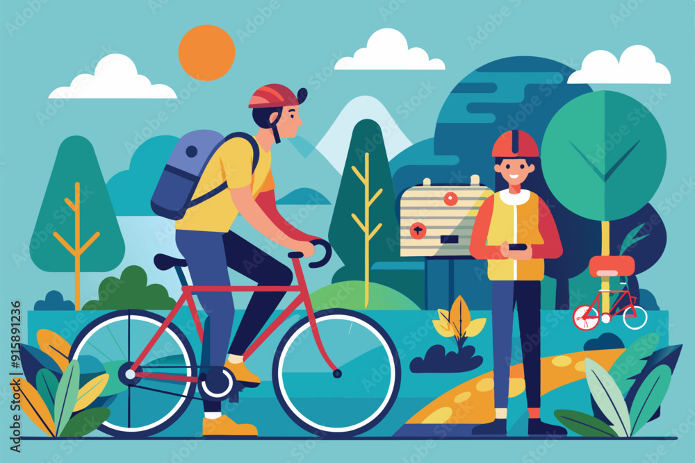 Fototapeta premium Two bike travelers pause amid lush scenery, surrounded by mountains and trees, enjoying their adventure in a refreshing outdoor setting