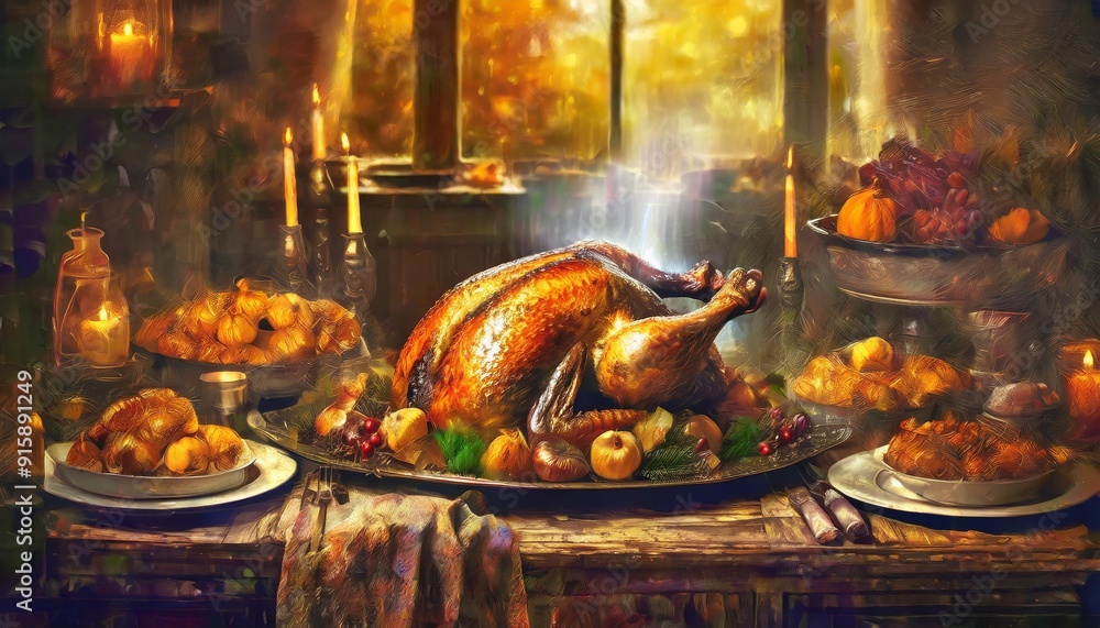 A warm, inviting Thanksgiving feast features a golden roast turkey, vibrant sides, and a beautifully decorated pumpkin pie. The cozy table is adorned with autumnal accents, exuding comfort and festive