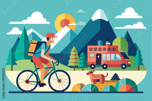 A group of bike travelers enjoys a ride through stunning mountains, accompanied by their dog, amidst clear skies and vibrant nature