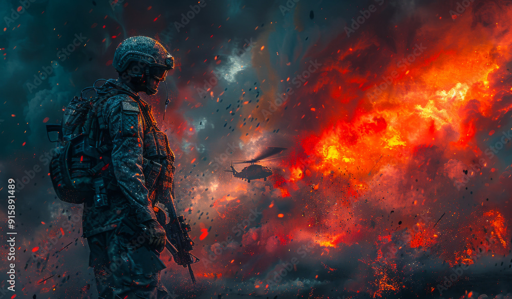 A soldier is standing in front of a fire, with a helicopter flying in the background. The scene is intense and dramatic, with the soldier looking on as the fire rages around him A soldier is standing in front of a fire, with a helicopter flying in the background. The scene is intense and dramatic, with the soldier looking on as the fire rages around him