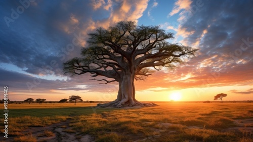 Majestic Baobab Tree Silhouette at Sunset