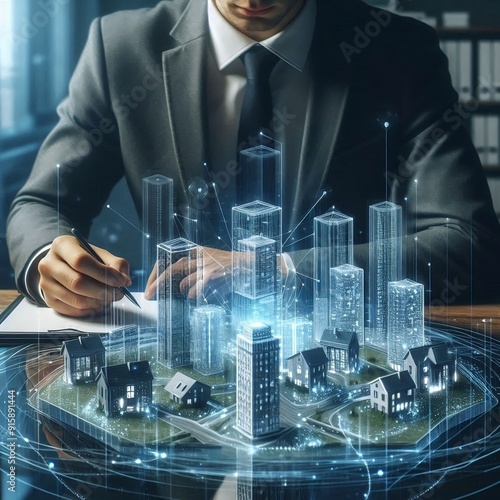 Businessman & futuristic 3d render model of a city houses or homes on a table in a real estate agency business office. Architecture building, residential property, modern housing concept generative ai