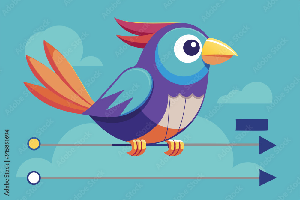 A vibrant bird sits on a wire, surrounded by a blue sky and soft clouds, showcasing playful colors and designs A vibrant bird sits on a wire, surrounded by a blue sky and soft clouds, showcasing playful colors and designs