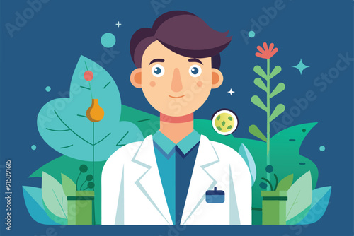 A biologist in a lab coat studies various plants, surrounded by vibrant foliage and samples, reflecting their passion for botanical research