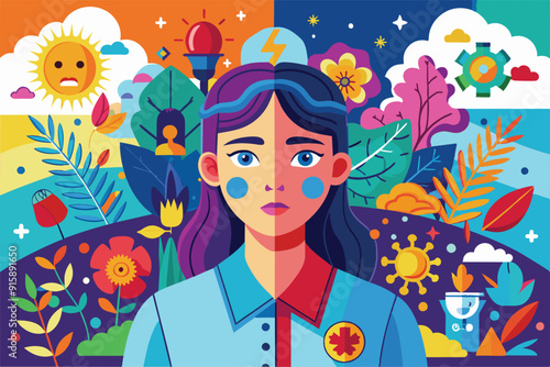 A vibrant illustration reflects the complexities of bipolar disorder, showcasing contrasting emotions with bold colors and symbolic elements
