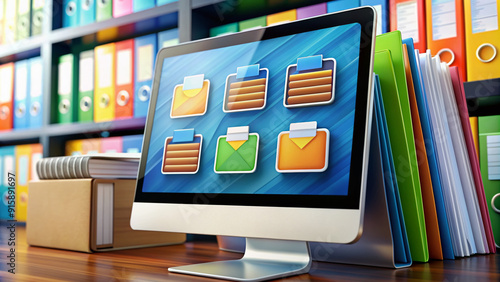 Organized digital files and folders on computer screen, colorful icons and labels, navigation menu, and search bar, illustrating efficient data management and organization.