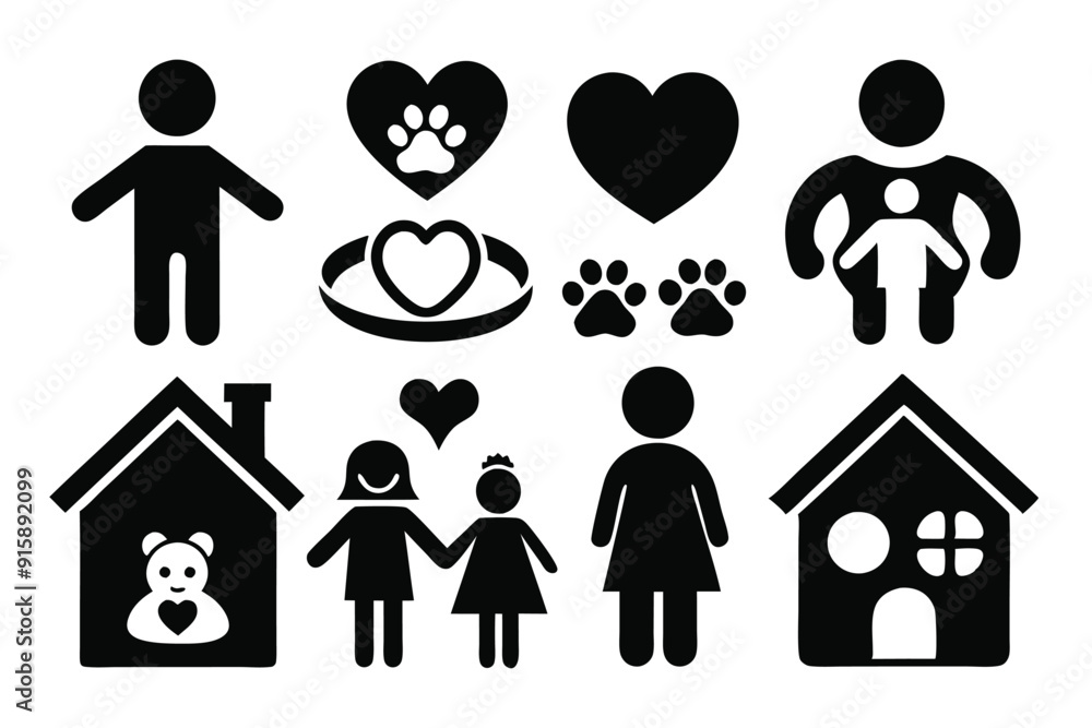A collection of black icons depicting love, family, connection, and care for children and pets in a heartwarming adoption theme A collection of black icons depicting love, family, connection, and care for children and pets in a heartwarming adoption theme