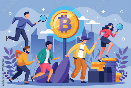 A group of people enthusiastically searches for Bitcoin, showcasing determination in a vibrant urban setting filled with cryptocurrency symbols