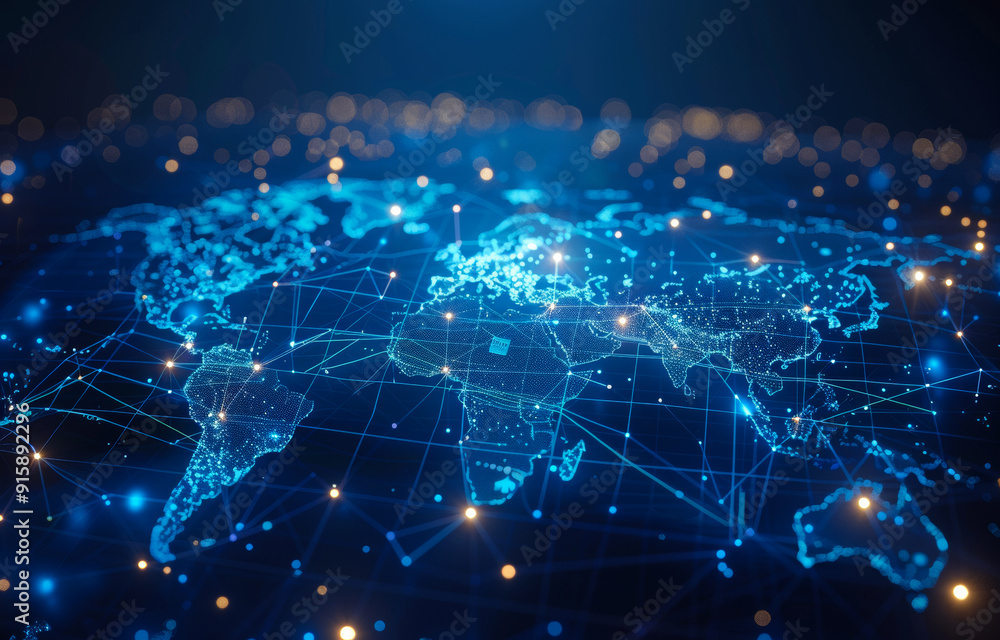 A blue and white map with many dots and lines. The map is a representation of the world's network of connections A blue and white map with many dots and lines. The map is a representation of the world's network of connections