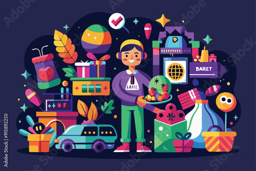 A lively scene showcasing a customizable black Friday shopping event filled with festive items, gifts, and joyful shoppers