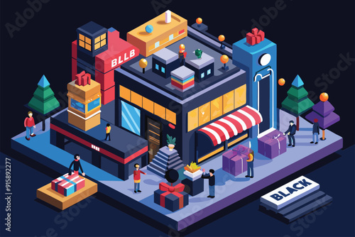 This illustration showcases bustling Black Friday shopping with people carrying gifts and exploring vibrant storefronts in an urban environment
