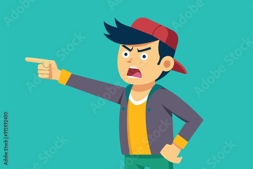 A young boy with a cap angrily points while expressing frustration in a vibrant, customizable flat illustration