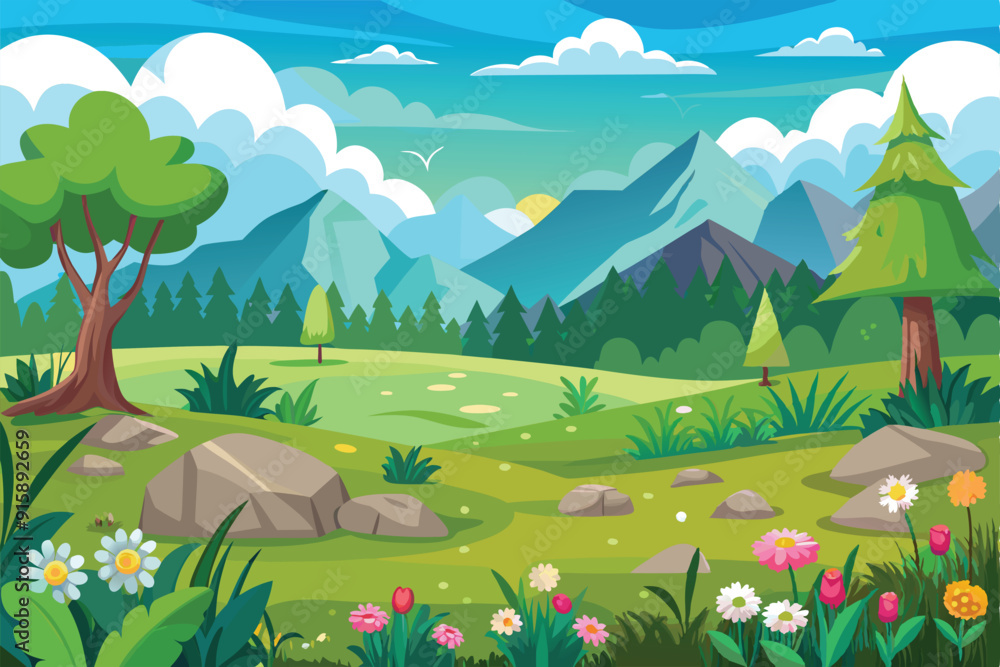 Obraz premium A peaceful meadow filled with colorful flowers, lush greenery, and distant mountains under a clear blue sky, inviting tranquility and outdoor exploration