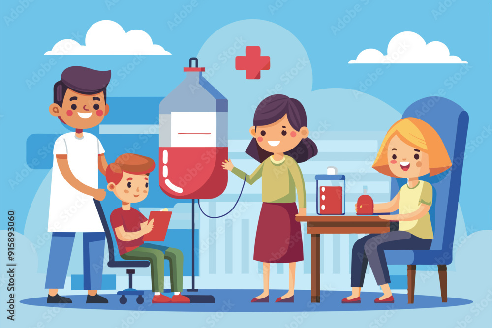 A cheerful environment shows characters engaging in blood donation, highlighting community spirit and the importance of helping others A cheerful environment shows characters engaging in blood donation, highlighting community spirit and the importance of helping others