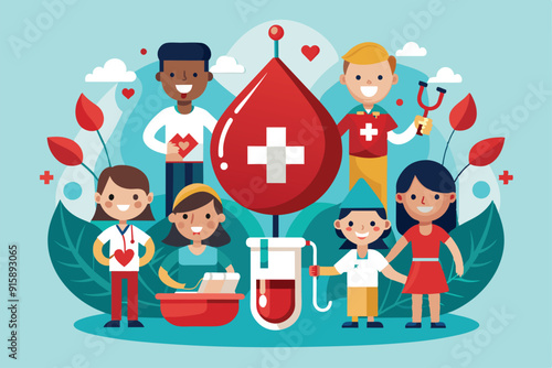 Cheerful individuals engage in a blood donation awareness campaign, showcasing vibrant graphics and community spirit at a health fair