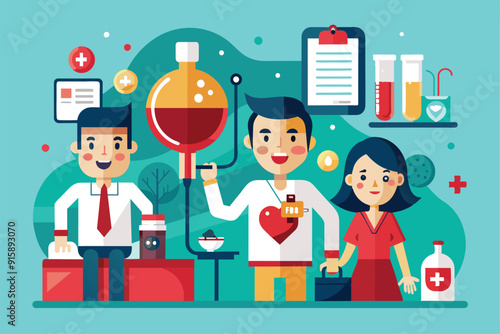 Volunteers and health professionals actively participate in a blood donation drive, showcasing unity and support for community health