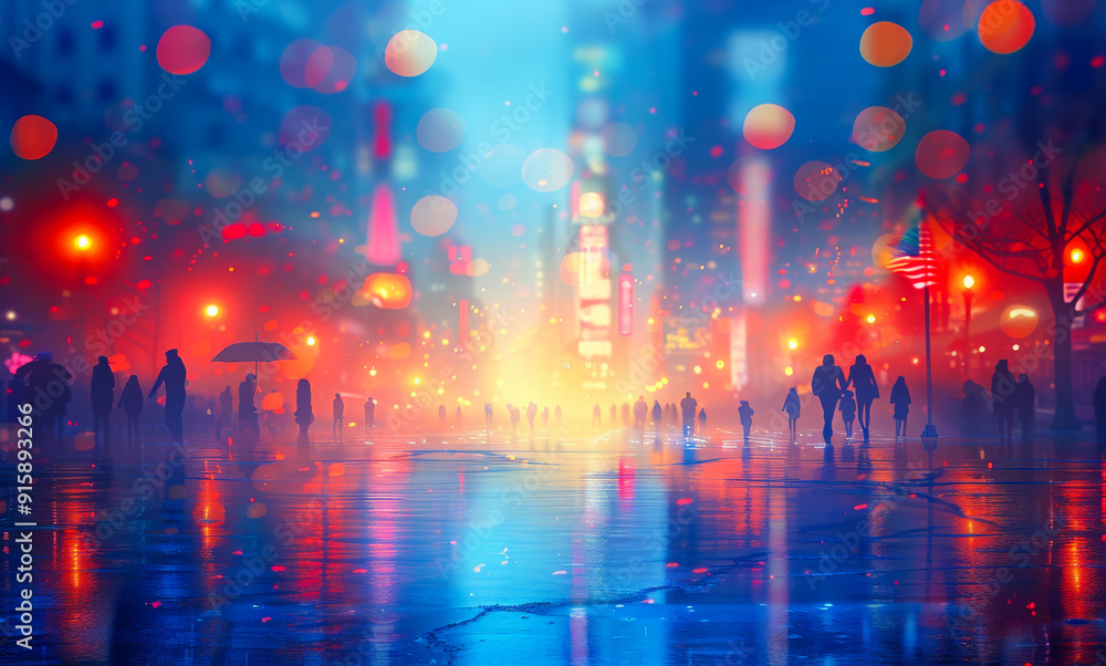 Obraz premium A city street with people walking and a few umbrellas. The street is wet and the lights are on