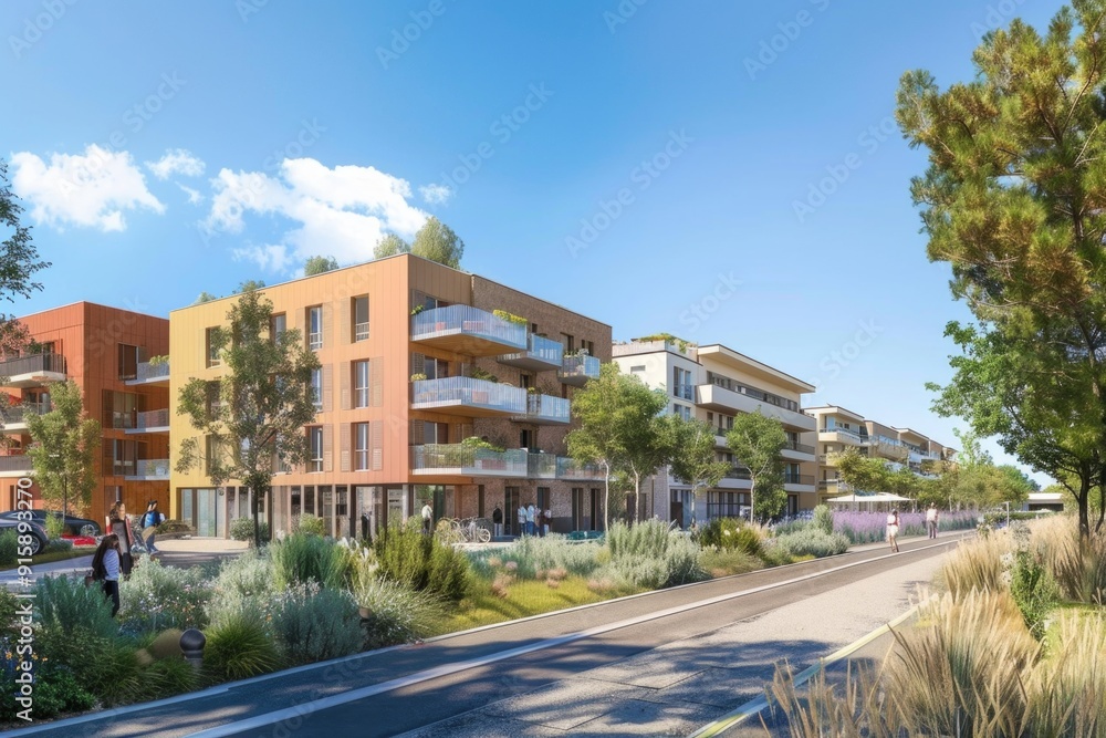 Artist's concept of a new neighborhood with modern homes and green spaces Artist's concept of a new neighborhood with modern homes and green spaces
