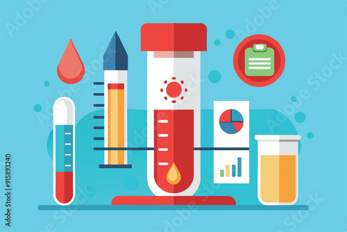 Various blood test equipment is arranged with graphical reports, showcasing the process of blood analysis in a lab environment