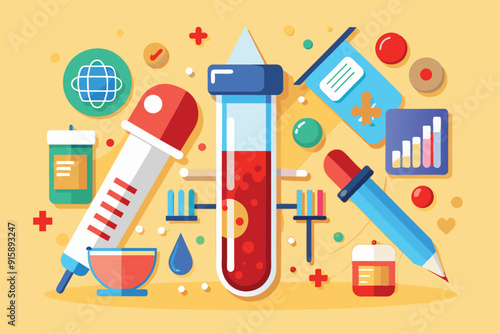 Various blood test tools and health monitoring items are displayed, showcasing syringes, test tubes, and graphs against a vibrant backdrop