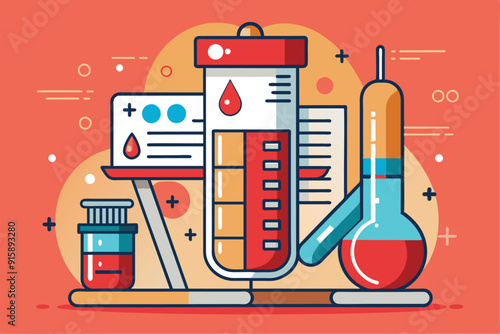 This illustration showcases various lab equipment for blood testing, including test tubes, vials, and reports, highlighting the field of medical diagnostics