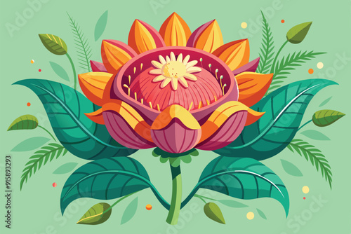 A stunning flower blooms with vivid colors, showcasing intricate details and leaves against a fresh green backdrop