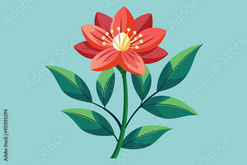 A vibrant flower blooms with bright red petals and yellow stamens, surrounded by green leaves against a calming blue backdrop