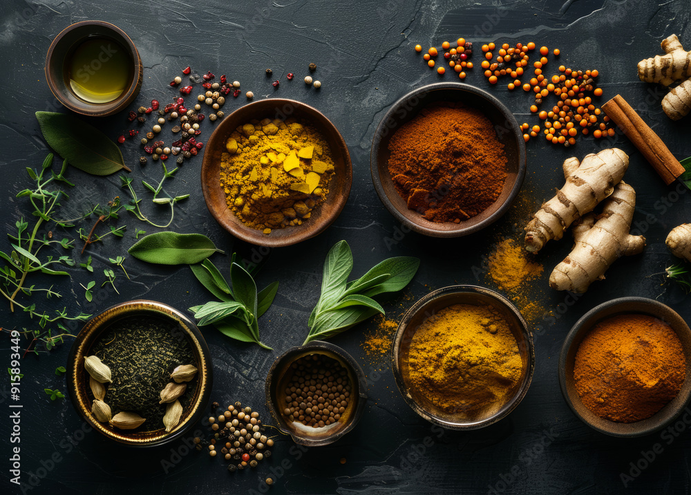 A variety of spices and herbs are displayed in bowls on a counter. The spices include cumin, paprika, and turmeric, while the herbs include parsley and thyme A variety of spices and herbs are displayed in bowls on a counter. The spices include cumin, paprika, and turmeric, while the herbs include parsley and thyme